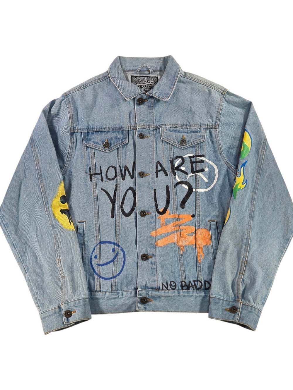 Brooklyn Cloth Graphic Denim Jacket L Have A Nice Day Flame Smiley Streetwear